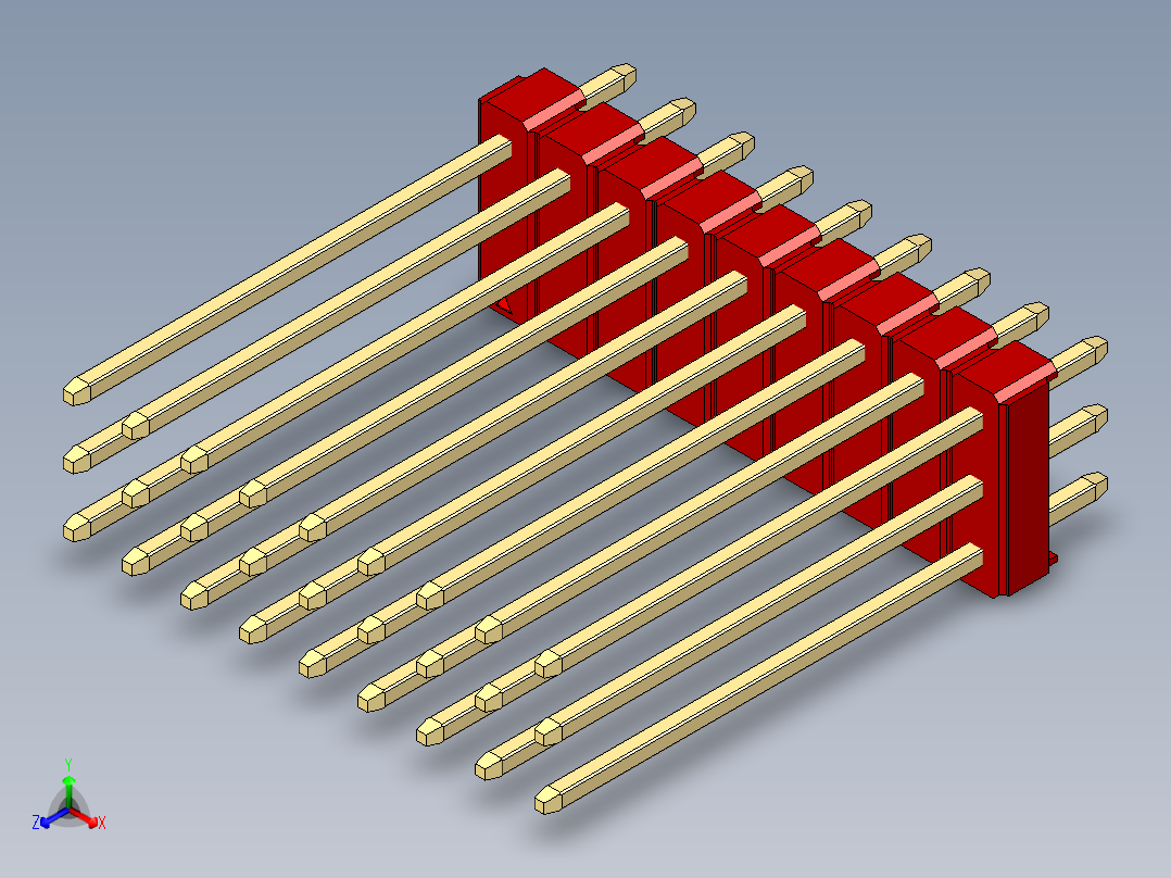 彩色公头100mil（2.54mm）系列-DS1021_red_3x09p_100mil_Type19_rev1.0正等轴测图