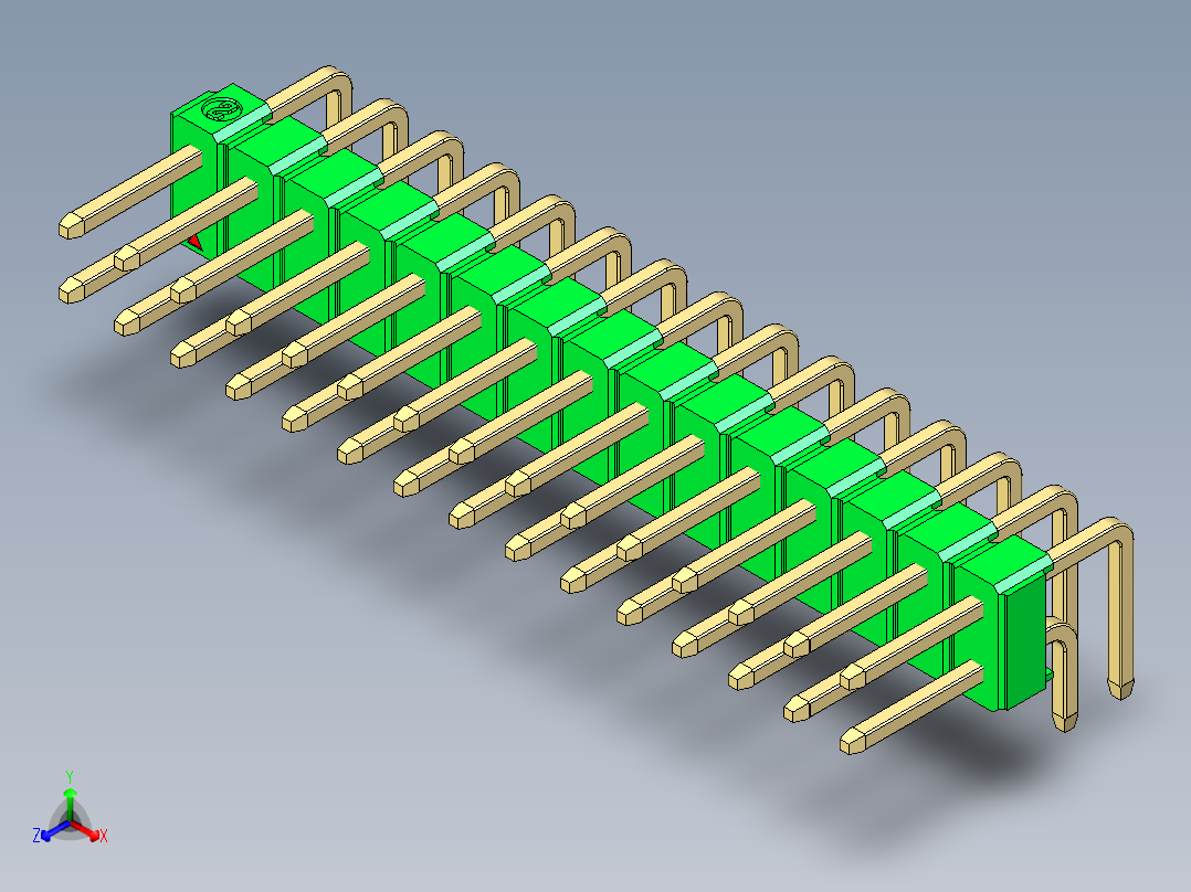 彩色公排针 100mil 2.54mm 系列-DS1022_green_2x15p_100mil_TypeD_rev1.0正等轴测图