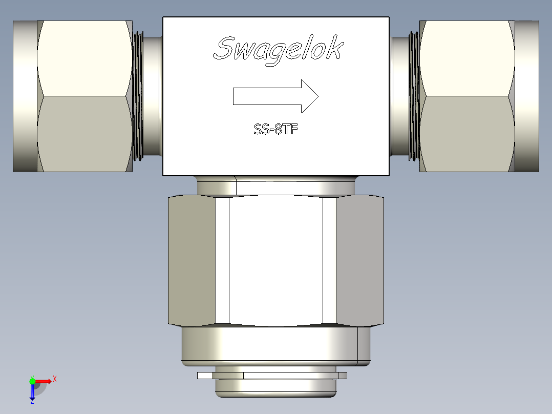 不锈钢三通颗粒过滤器，1-2英寸。世伟洛克卡套管接头俯视图