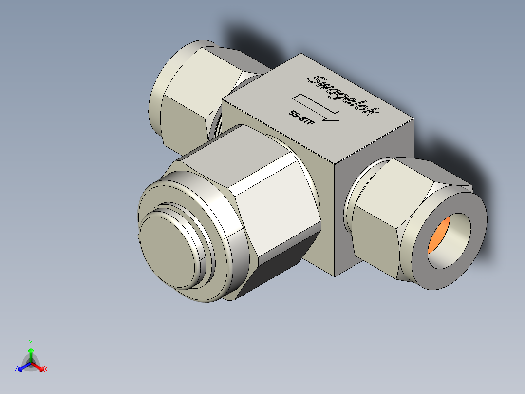 不锈钢三通颗粒过滤器，1-2英寸。世伟洛克卡套管接头正等轴测图