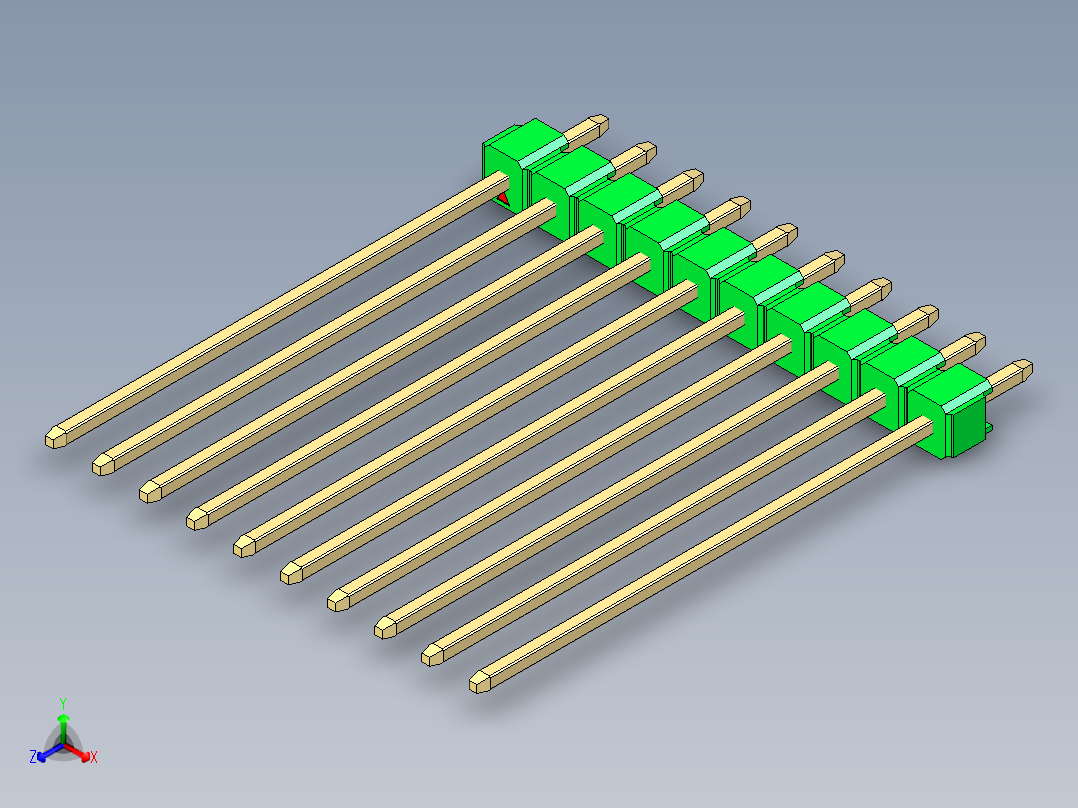 彩色公头100mil（2.54mm）系列-DS1021_green_1x10p_100mil_Type43_rev1.0正等轴测图