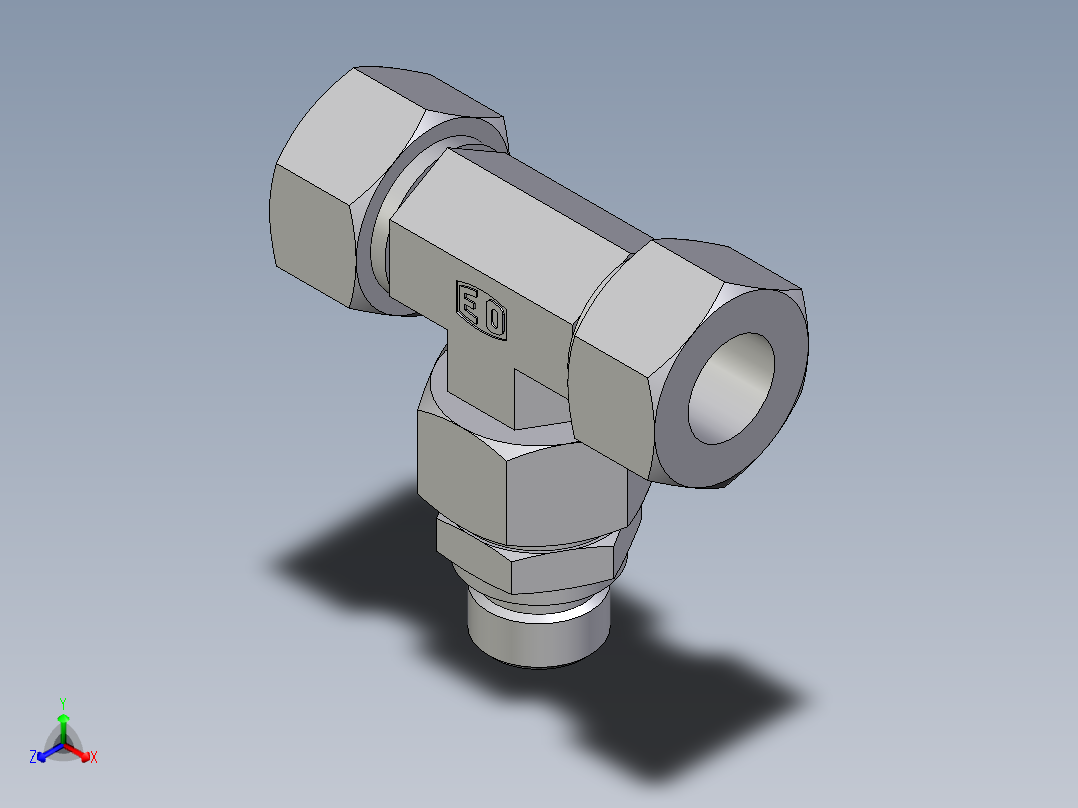 卡套式工业通用硬管接头EO_Assembled_adjustable_standpipe_branch_tee_EVT18LR71正等轴测图