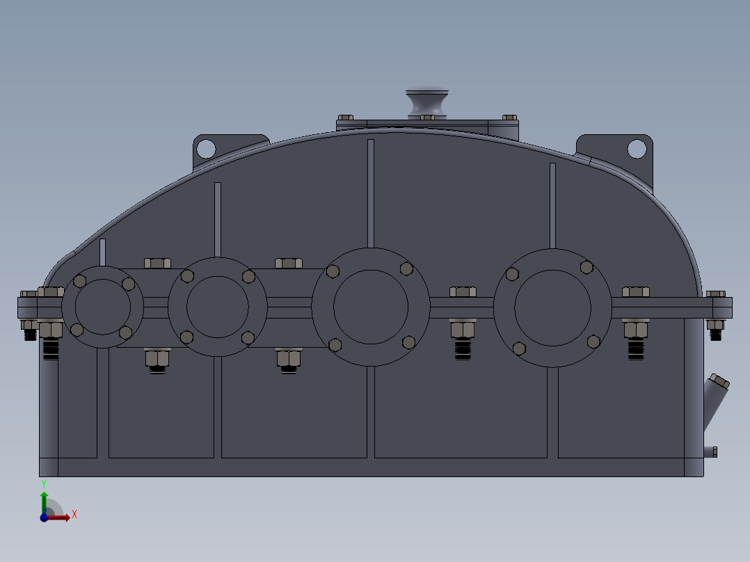 三级圆柱直齿轮减速箱3D图纸 Solidworks设计前视图