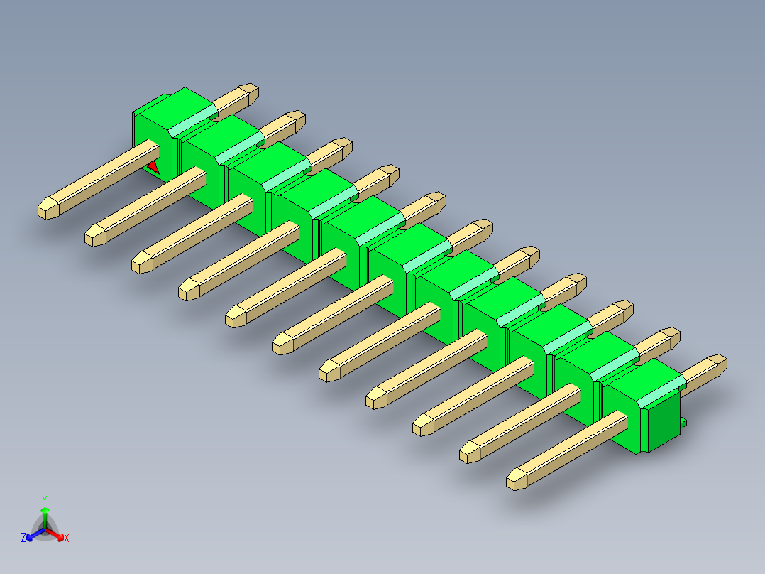 彩色公头100mil（2.54mm）系列-DS1021_green_1x11p_100mil_Type1_rev1.0正等轴测图