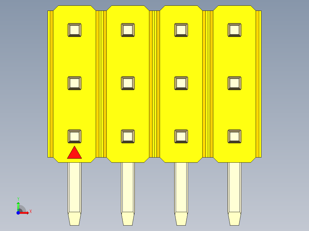 彩色公排针 100mil 2.54mm 系列-DS1022_yellow_3x04p_100mil_TypeD_rev1.0前视图