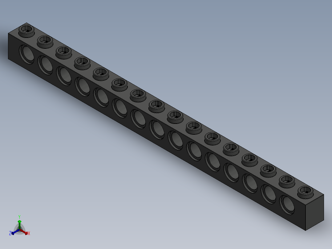 乐高机械组积木（横梁）-3703 Old Dark Grey Technic Brick 1 x 16 with Holes正等轴测图