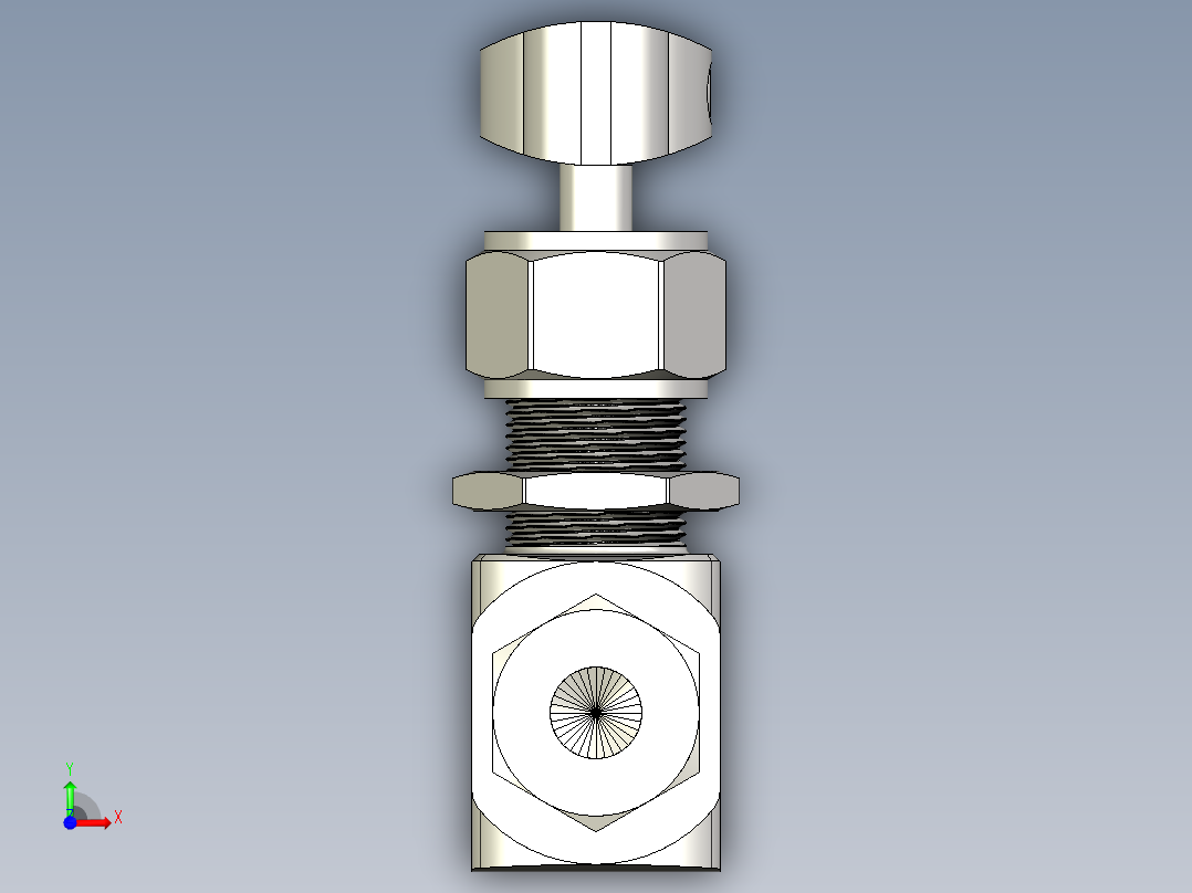 不锈钢整体阀帽针形阀，0.37 Cv，1-4英寸。调节杆Hy-Lok管接头前视图