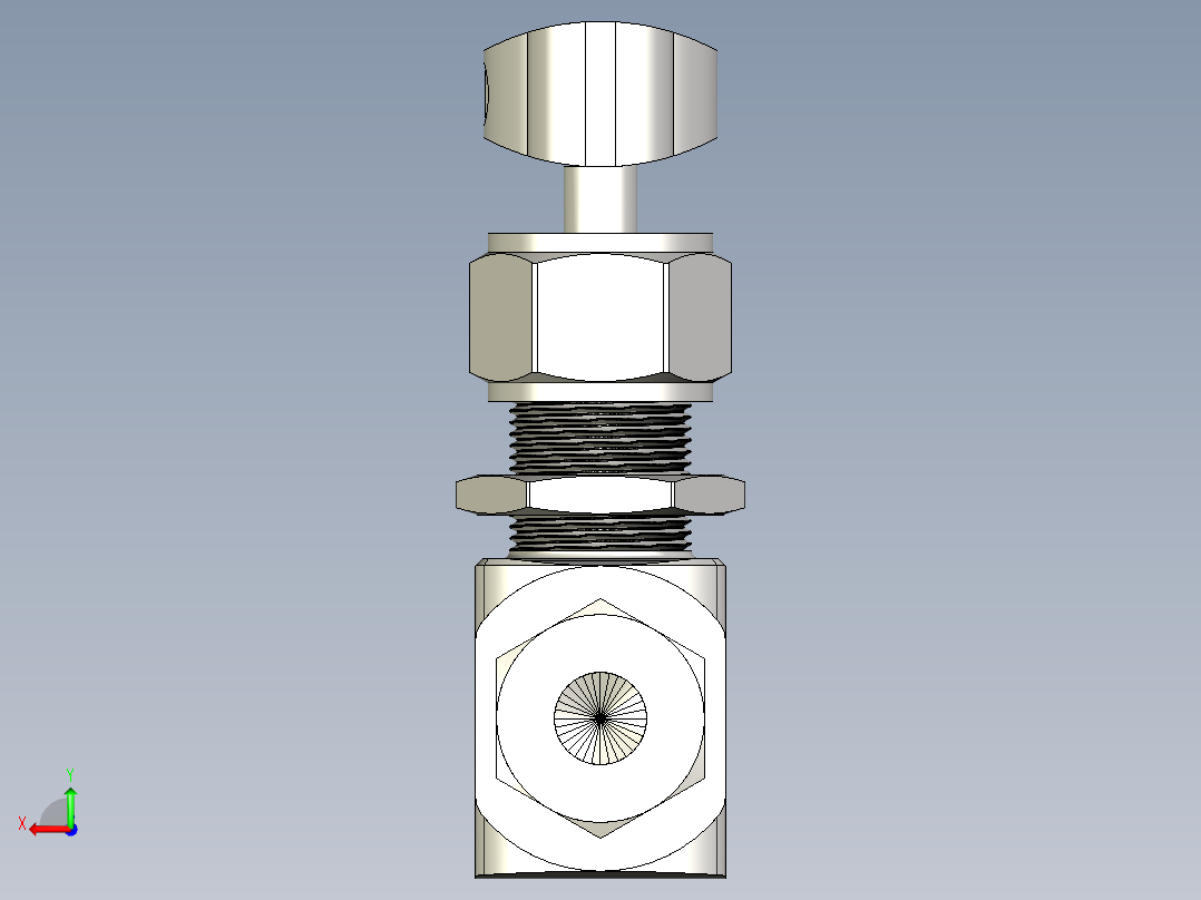 不锈钢整体阀帽针形阀，0.37 Cv，1-4英寸。调节杆Hy-Lok管接头后视图