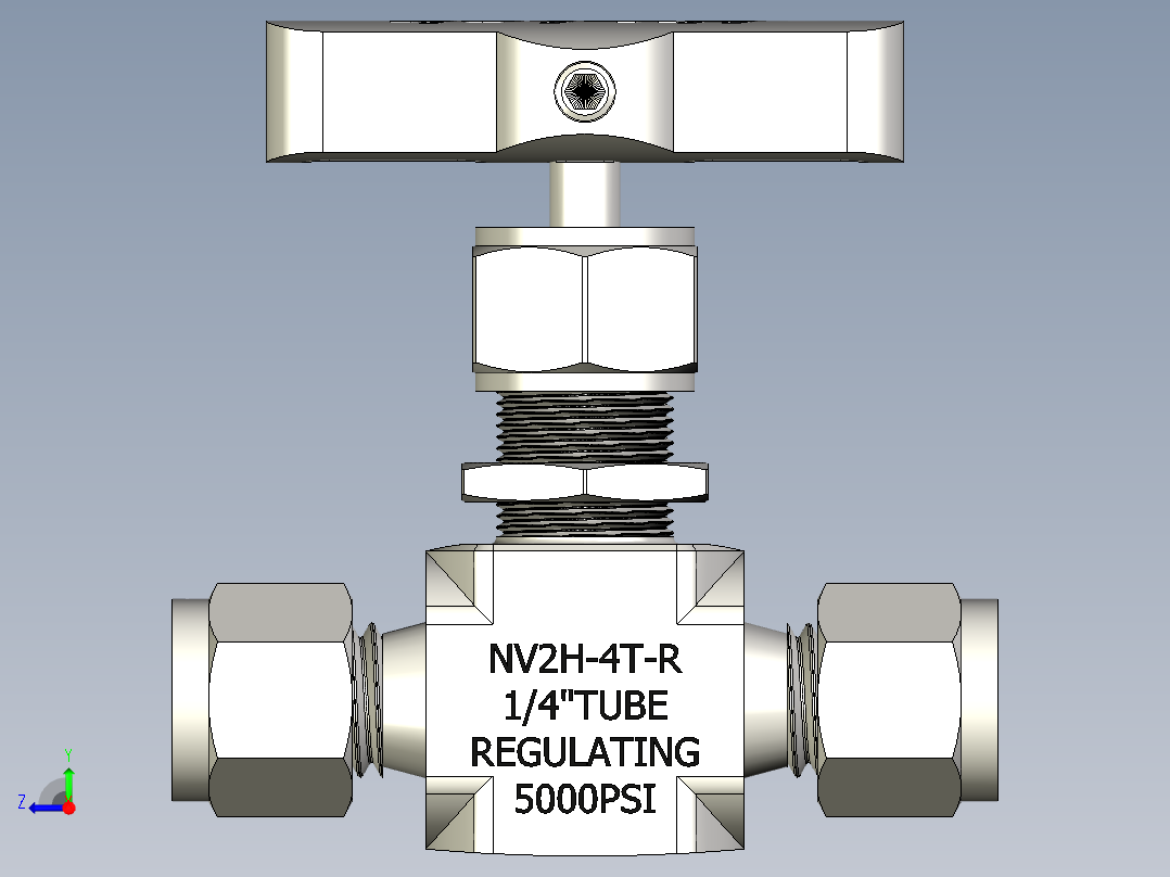 不锈钢整体阀帽针形阀，0.37 Cv，1-4英寸。调节杆Hy-Lok管接头右视图