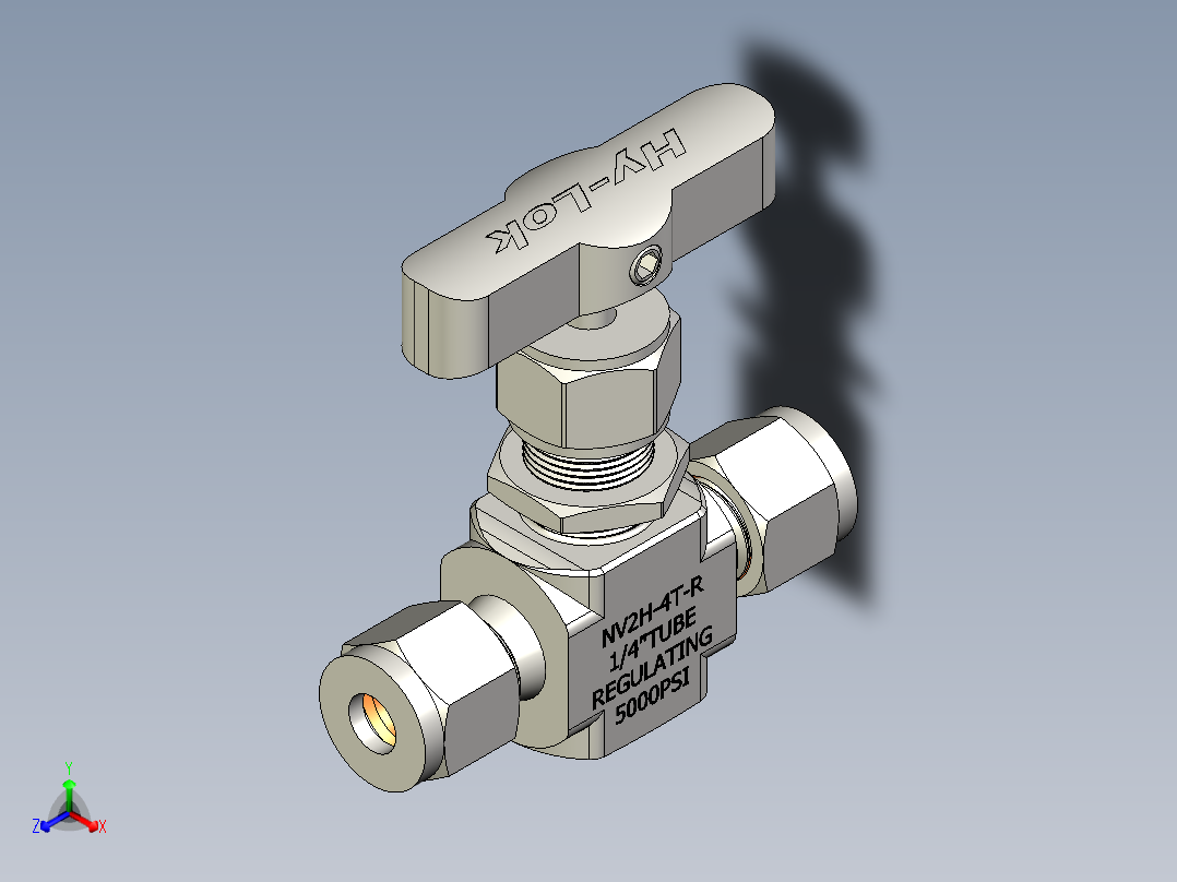 不锈钢整体阀帽针形阀，0.37 Cv，1-4英寸。调节杆Hy-Lok管接头正等轴测图