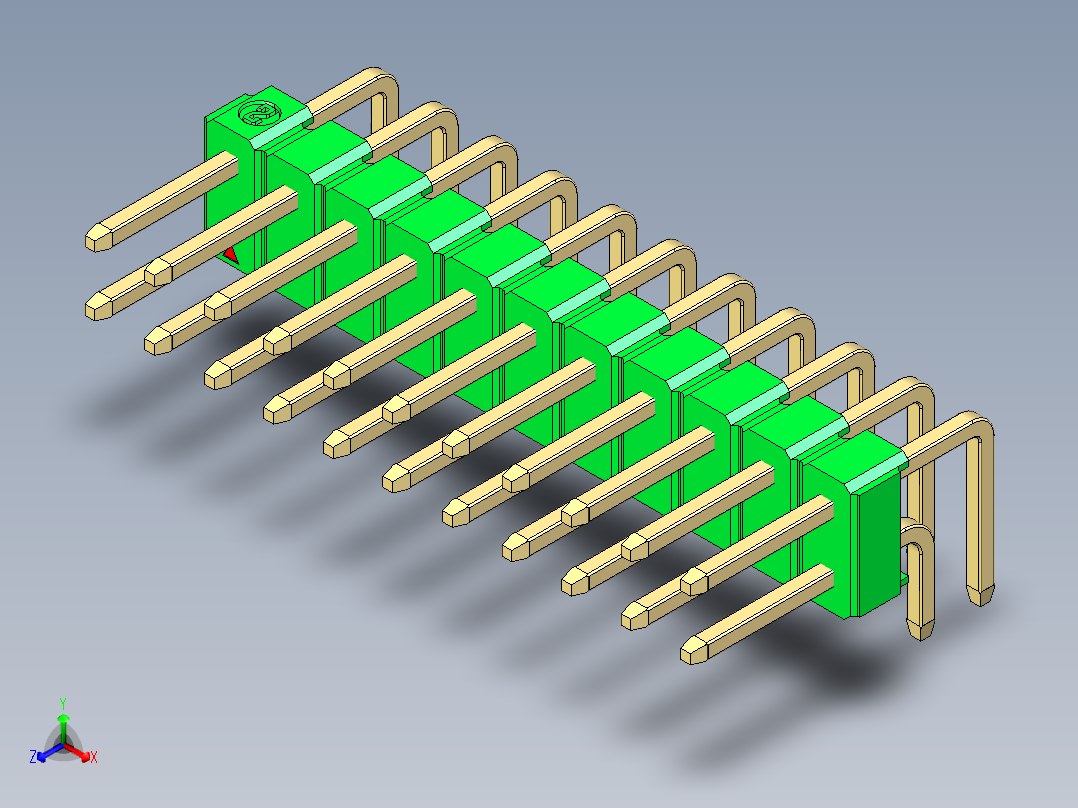 彩色公排针 100mil 2.54mm 系列-DS1022_green_2x11p_100mil_TypeD_rev1.0正等轴测图
