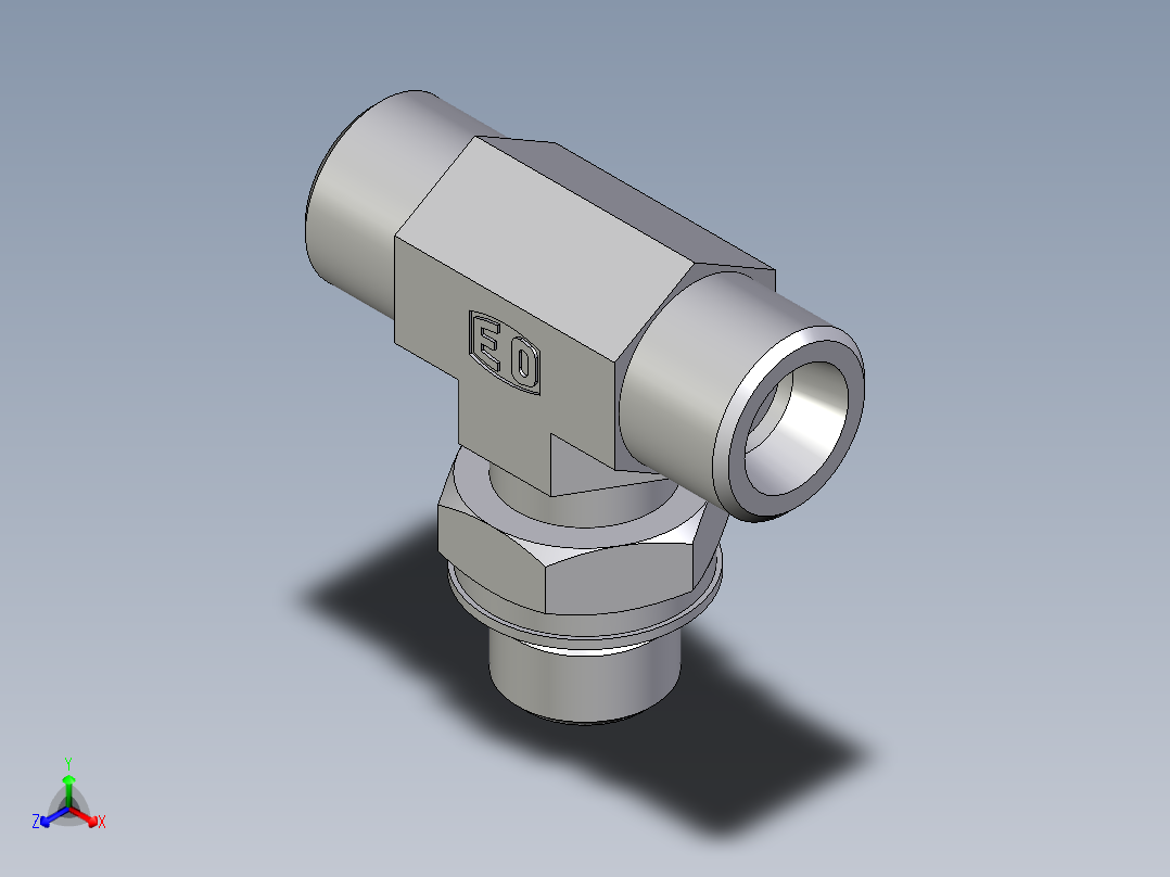 卡套式工业通用硬管接头EO_Adjustable_locknut_branch_tee_TEE10SMOROMDCF正等轴测图