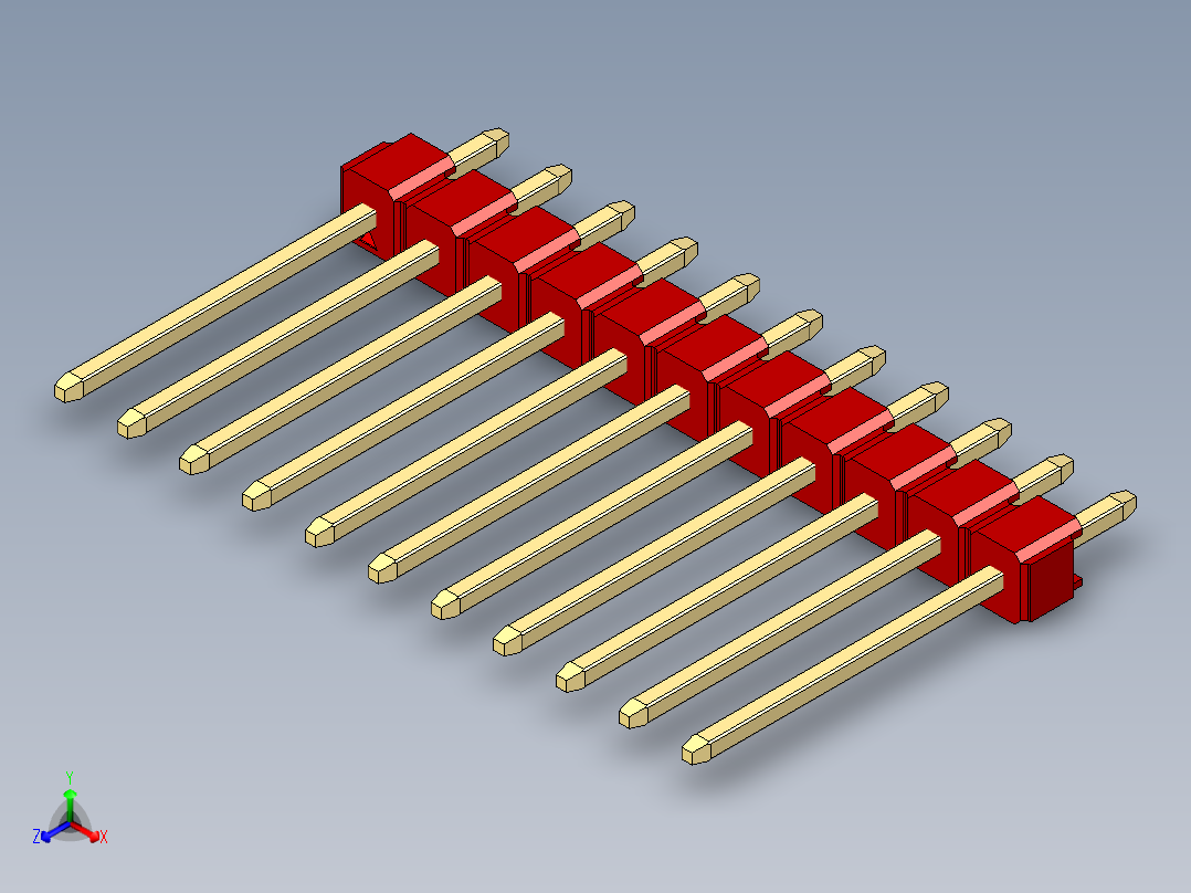 彩色公头100mil（2.54mm）系列-DS1021_red_1x11p_100mil_Type5_rev1.0正等轴测图