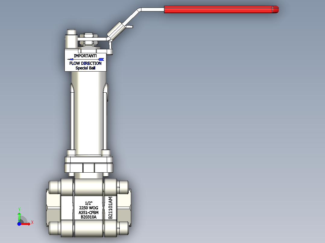 Hy-Lok 2通球阀HSO系列，3件式，G1-2英寸内螺纹，100毫米阀杆加长件前视图