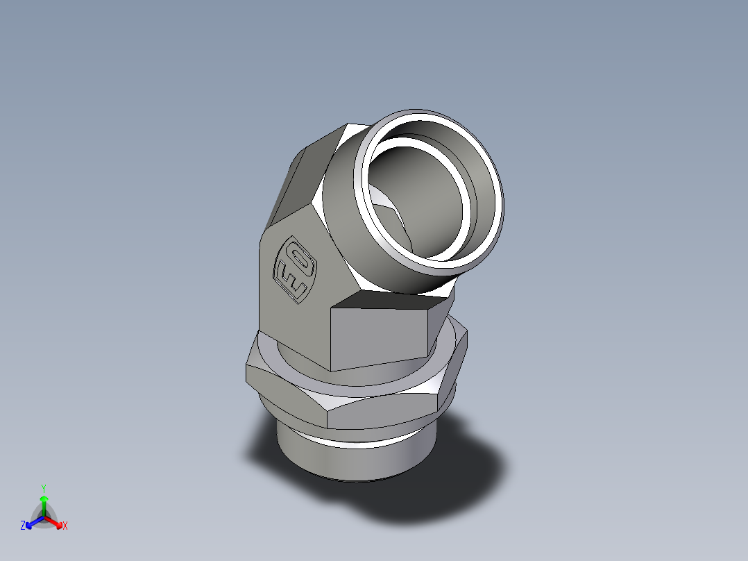 卡套式工业通用硬管接头EO_Adjustable_locknut_45_deg_elbow_VEE28LMOROMDCF正等轴测图