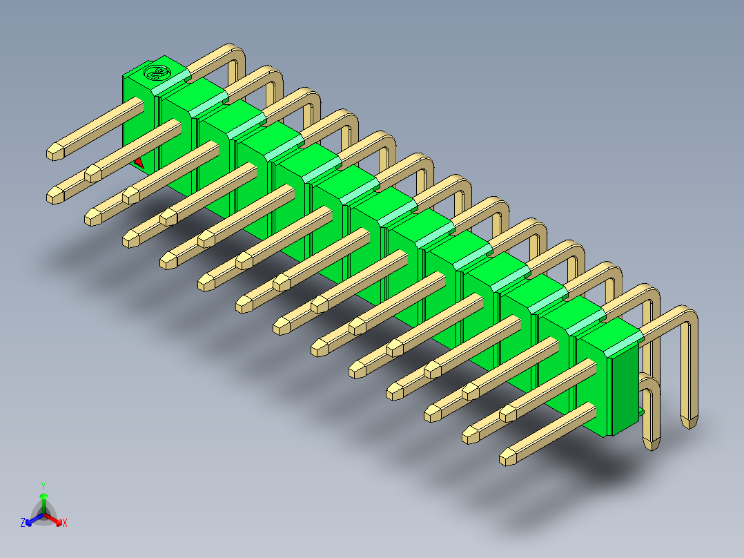 彩色公排针 100mil 2.54mm 系列-DS1022_green_2x13p_100mil_TypeD_rev1.0正等轴测图
