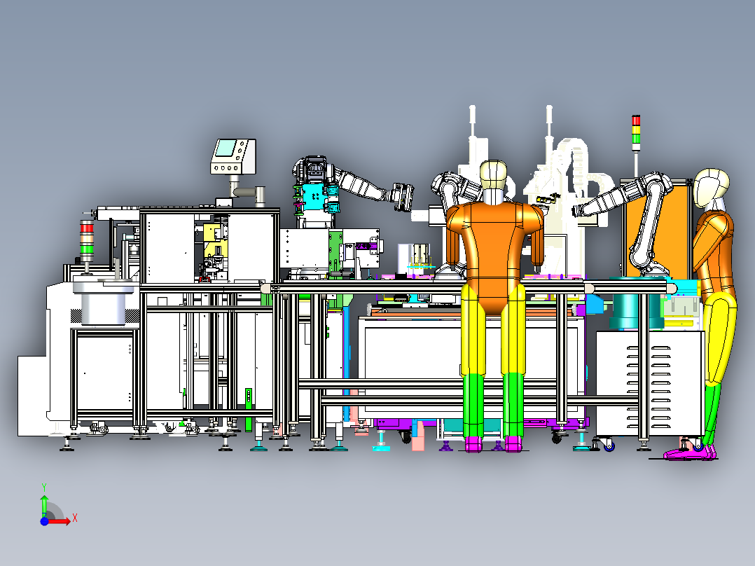 一款完整遥控器后壳按键柔性装配生产线模型含有机械手传送带等建模前视图