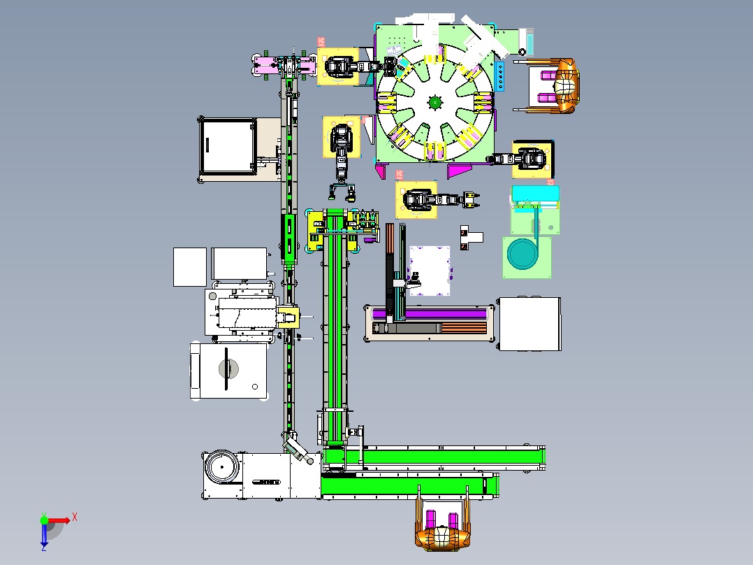 一款完整遥控器后壳按键柔性装配生产线模型含有机械手传送带等建模俯视图