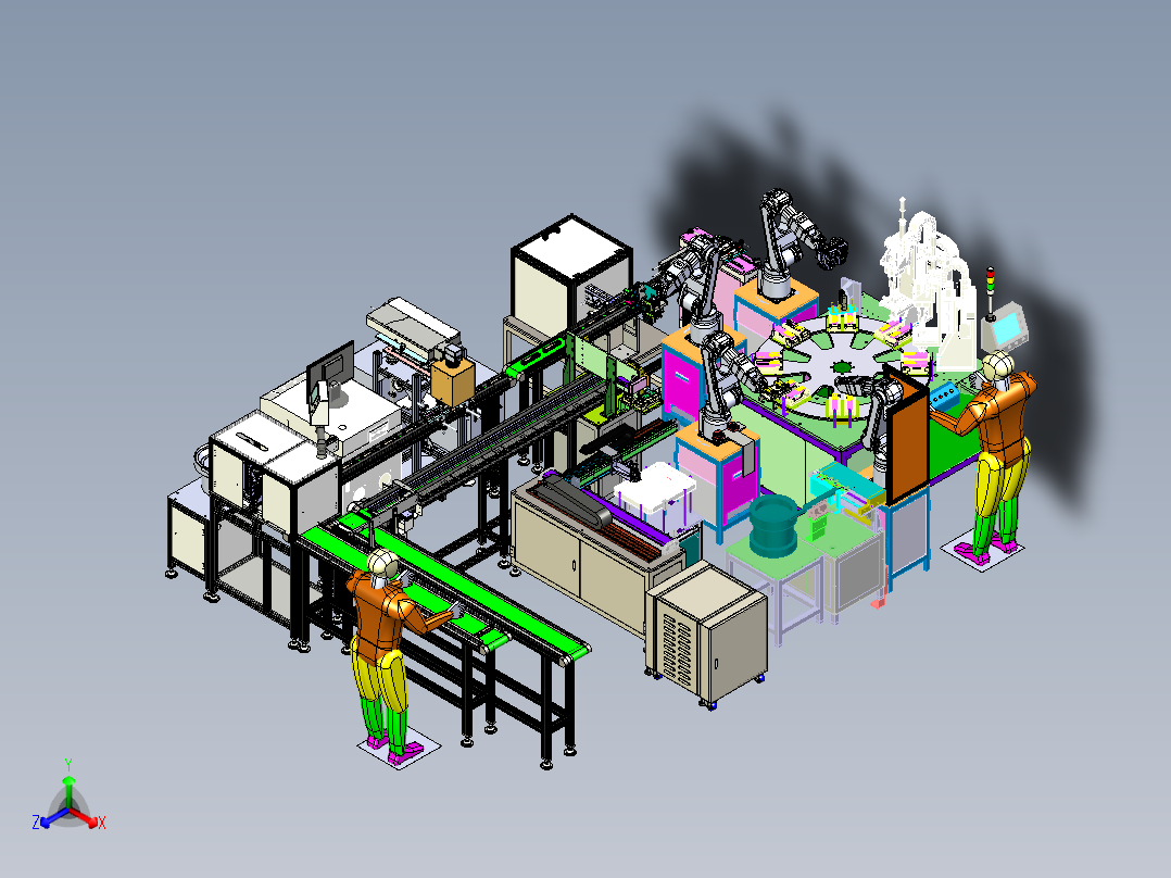 一款完整遥控器后壳按键柔性装配生产线模型含有机械手传送带等建模正等轴测图