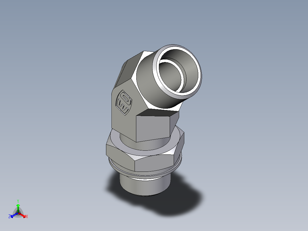 卡套式工业通用硬管接头EO_Adjustable_locknut_45_deg_elbow_VEE12LMOROMDCF正等轴测图