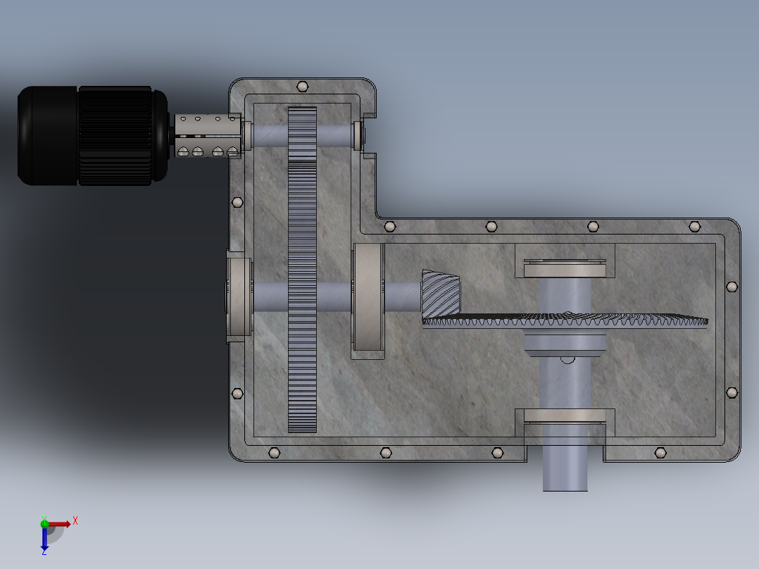 二级圆柱直齿轮与锥齿轮组合减速箱3D图纸 Solidworks设计俯视图
