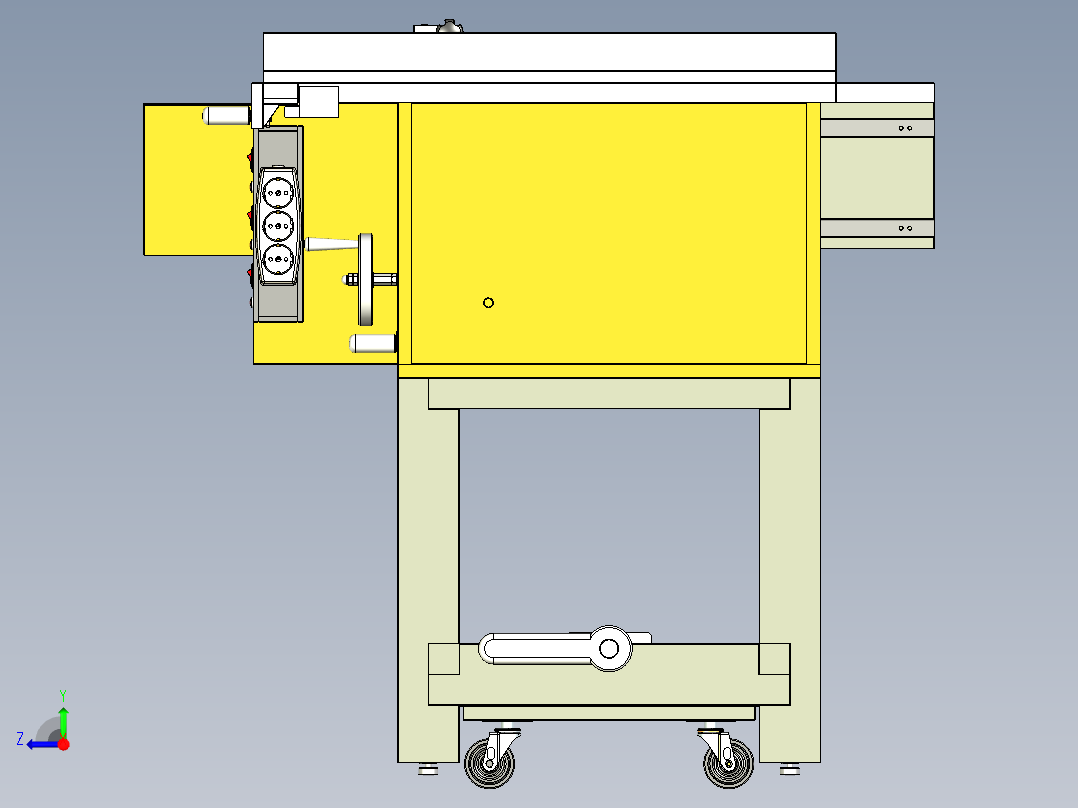 带圆锯和空开的圆台锯工作台右视图
