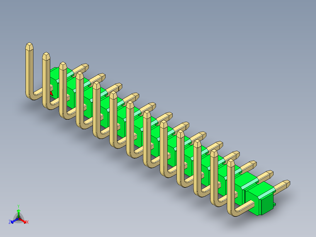 彩色公排针 100mil 2.54mm 系列-DS1022_green_13p_100mil_TypeU_rev1.0正等轴测图