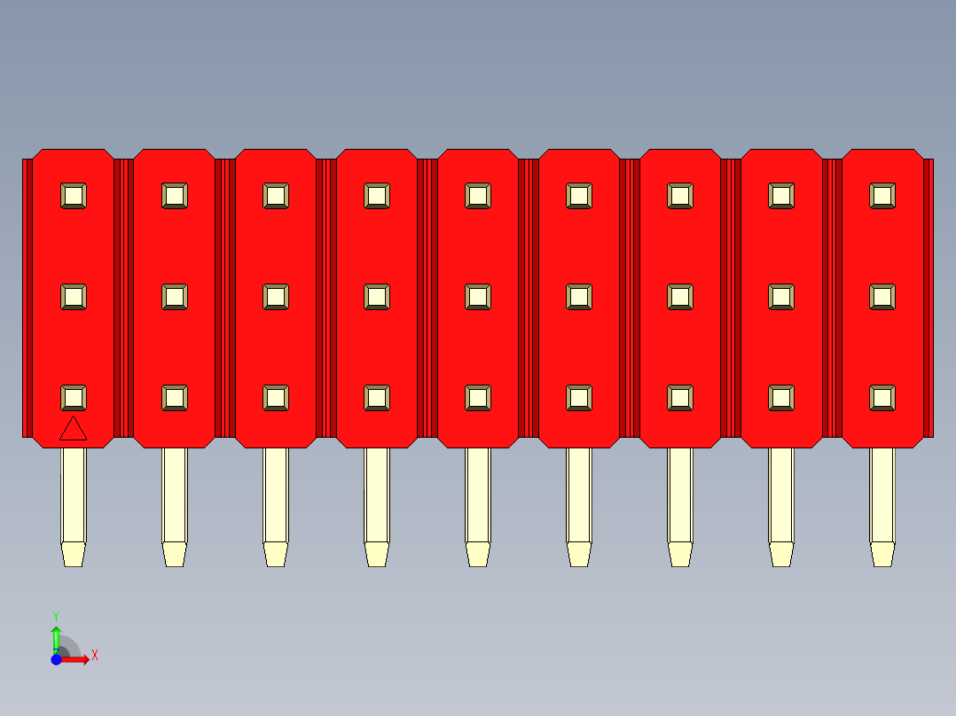 彩色公排针 100mil 2.54mm 系列-DS1022_red_3x09p_100mil_TypeD_rev1.0前视图