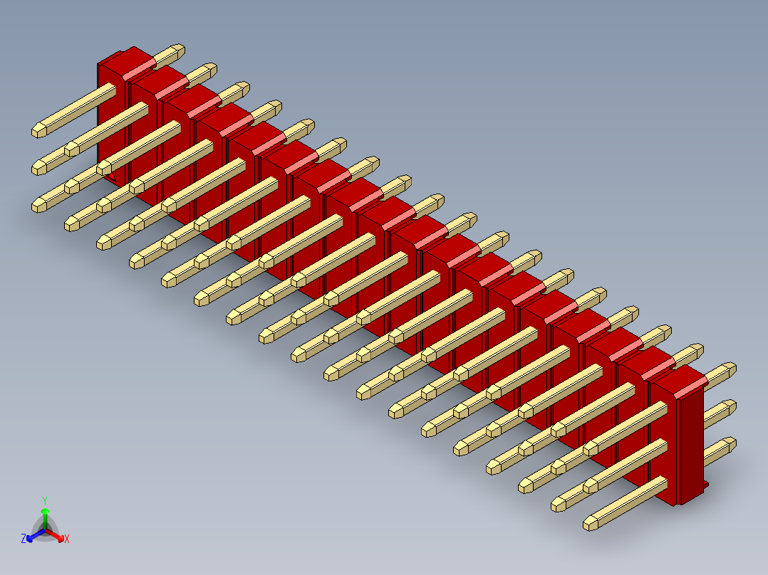 彩色公头100mil（2.54mm）系列-DS1021_red_3x18p_100mil_Type1_rev1.0正等轴测图