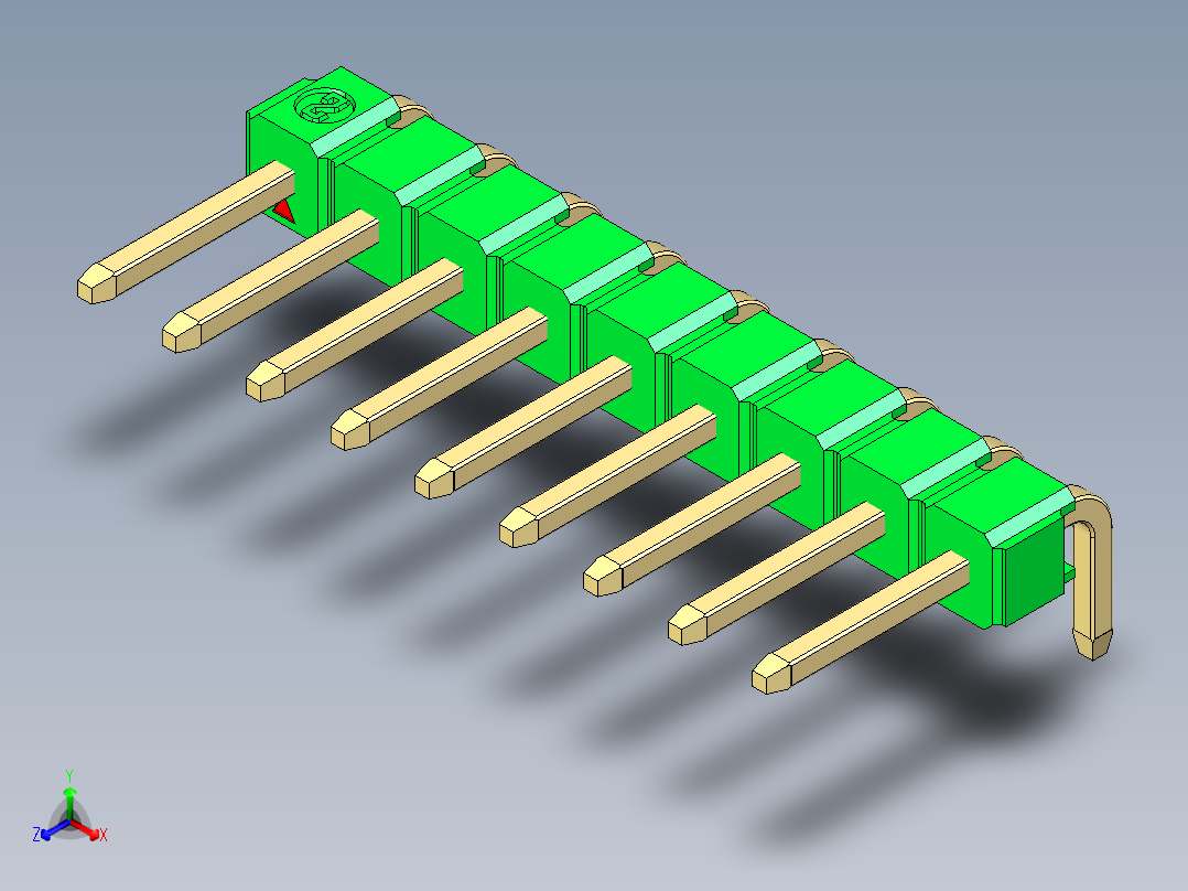 彩色公排针 100mil 2.54mm 系列-DS1022_green_1x09p_100mil_TypeD_rev1.0正等轴测图