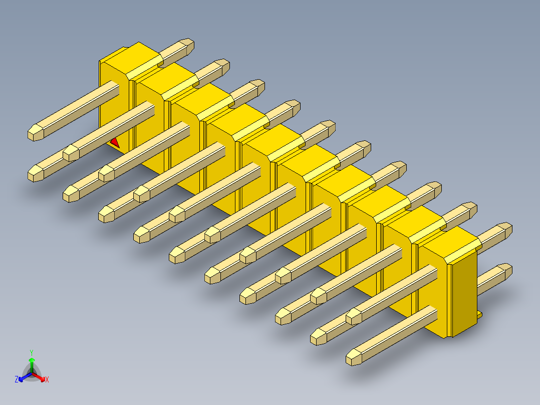 彩色公头100mil（2.54mm）系列-DS1021_yellow_2x10p_100mil_Type1_rev1.0正等轴测图
