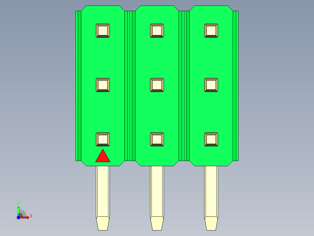 彩色公排针 100mil 2.54mm 系列-DS1022_green_3x03p_100mil_TypeD_rev1.0前视图