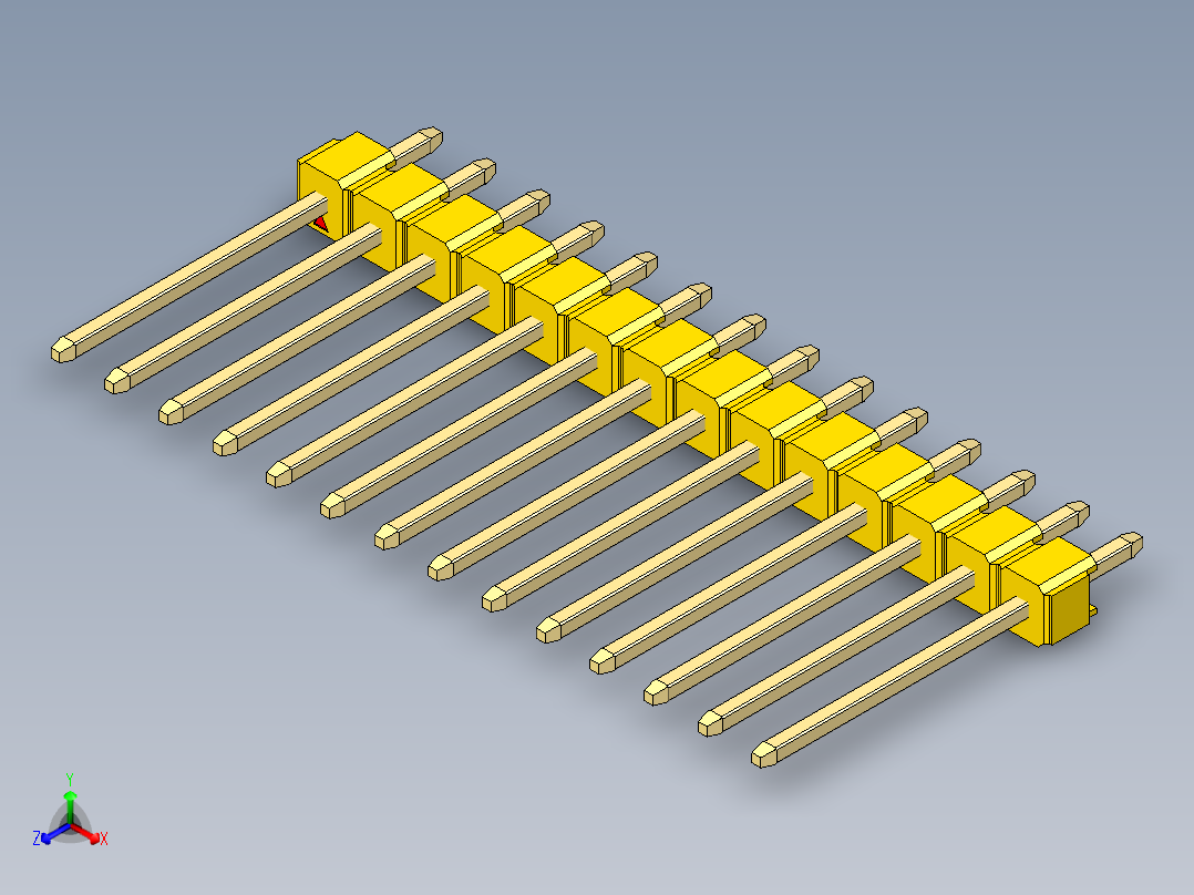 彩色公头100mil（2.54mm）系列-DS1021_yellow_1x14p_100mil_Type5_rev1.0正等轴测图