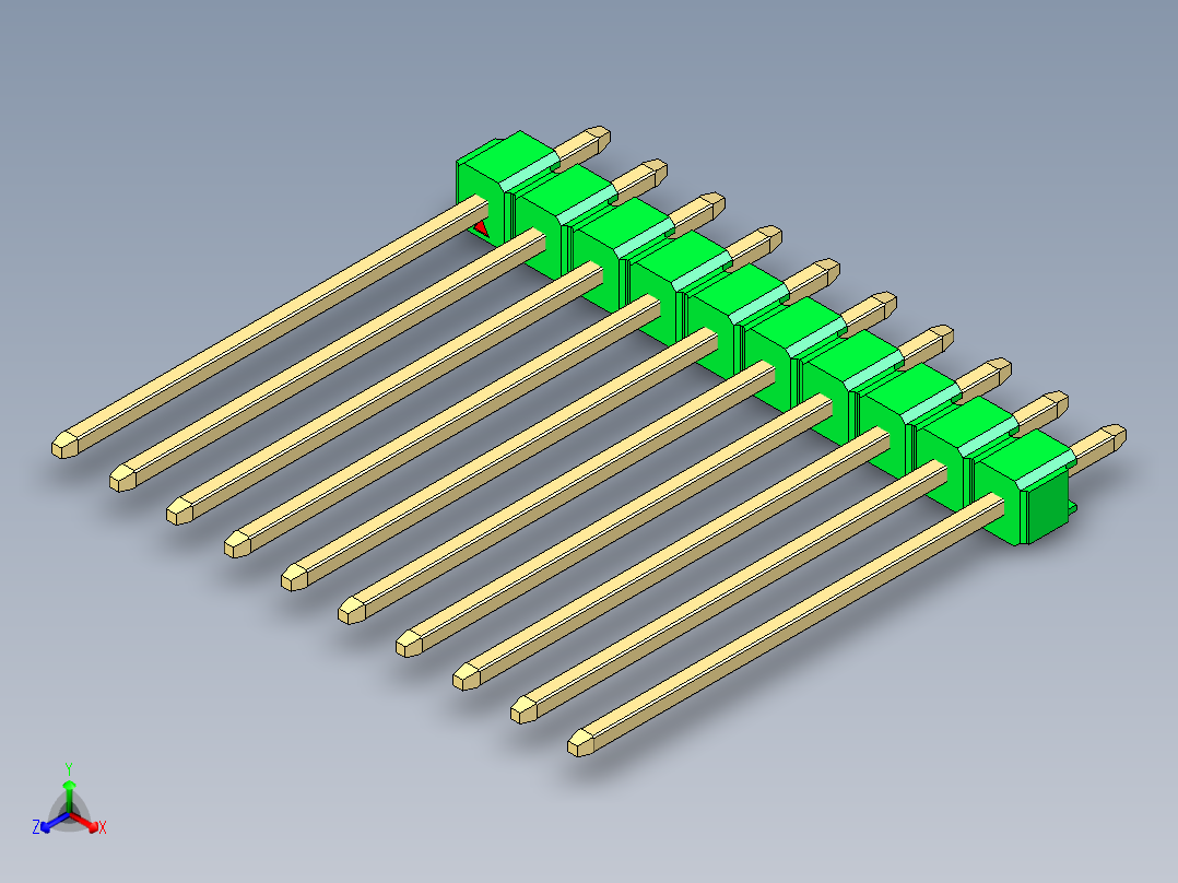 彩色公头100mil（2.54mm）系列-DS1021_green_1x10p_100mil_Type19_rev1.0正等轴测图
