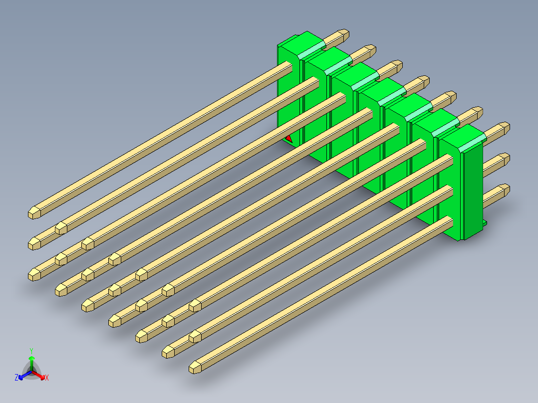 彩色公头100mil（2.54mm）系列-DS1021_green_3x07p_100mil_Type43_rev1.0正等轴测图