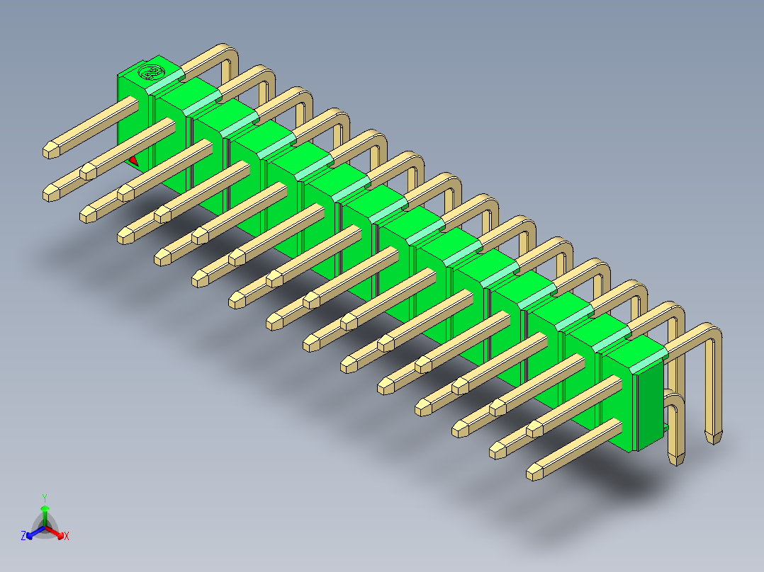 彩色公排针 100mil 2.54mm 系列-DS1022_green_2x14p_100mil_TypeD_rev1.0正等轴测图