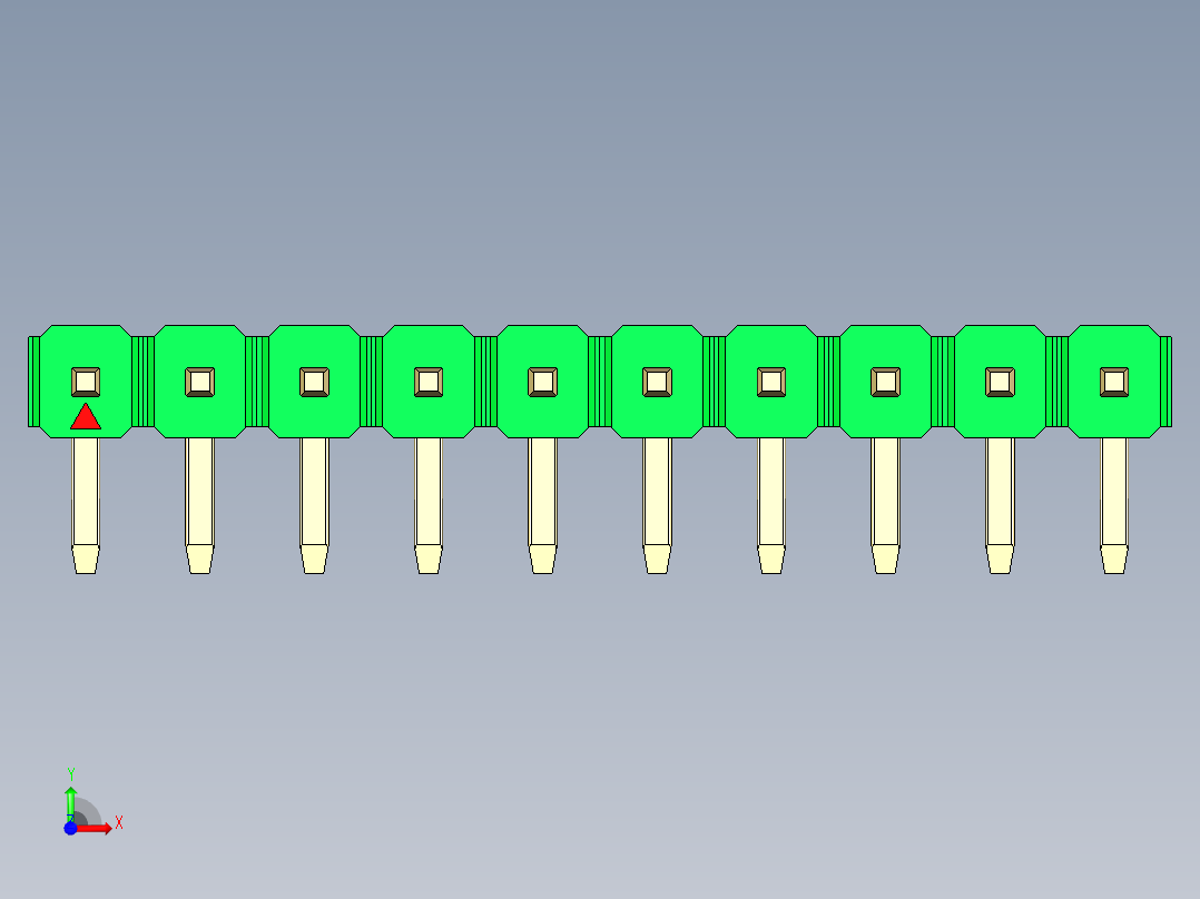 彩色公排针 100mil 2.54mm 系列-DS1022_green_1x10p_100mil_TypeD_rev1.0前视图