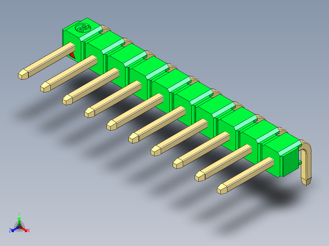 彩色公排针 100mil 2.54mm 系列-DS1022_green_1x10p_100mil_TypeD_rev1.0正等轴测图