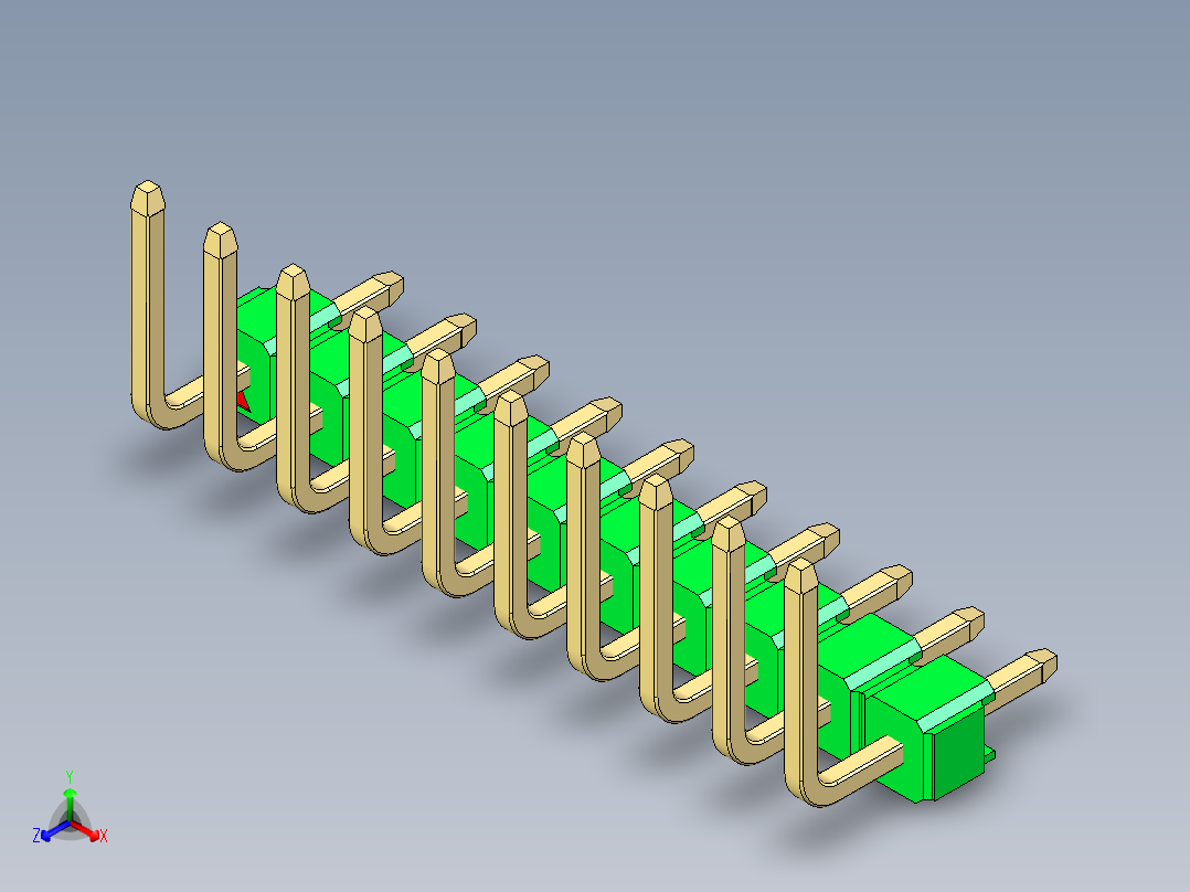 彩色公排针 100mil 2.54mm 系列-DS1022_green_10p_100mil_TypeU_rev1.0正等轴测图
