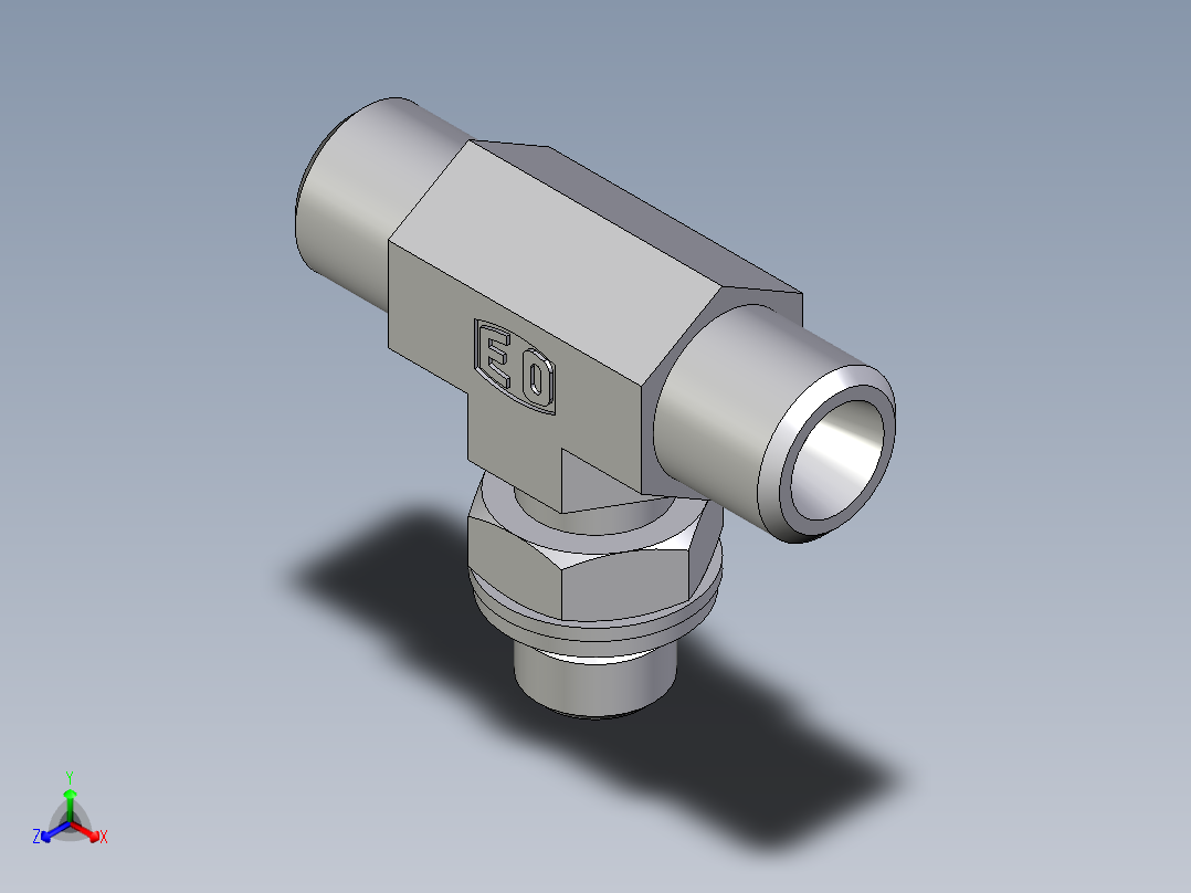 卡套式工业通用硬管接头EO_Adjustable_locknut_branch_tee_TEE06LMOMDCF正等轴测图