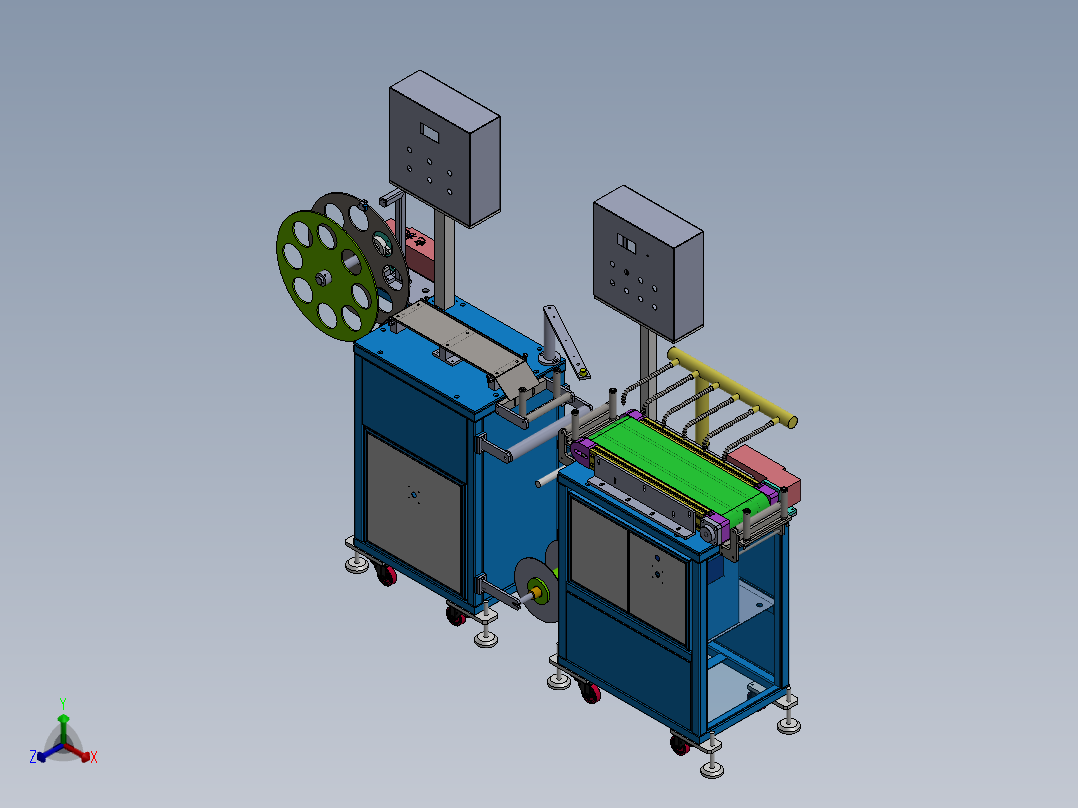 冷却收卷生产线（sw18可编辑+工程图+bom）正等轴测图