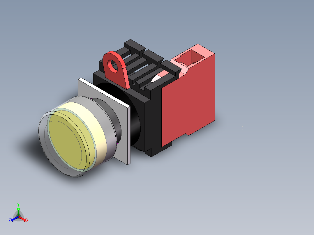 自复位按钮（带灯）YW1L-MF2E10Q4Y（24V黄）正等轴测图