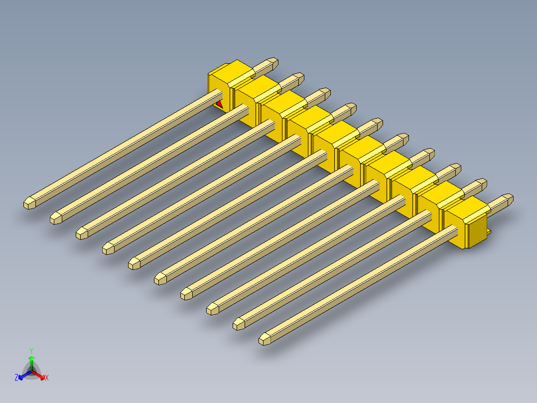 彩色公头100mil（2.54mm）系列-DS1021_yellow_1x10p_100mil_Type19_rev1.0正等轴测图