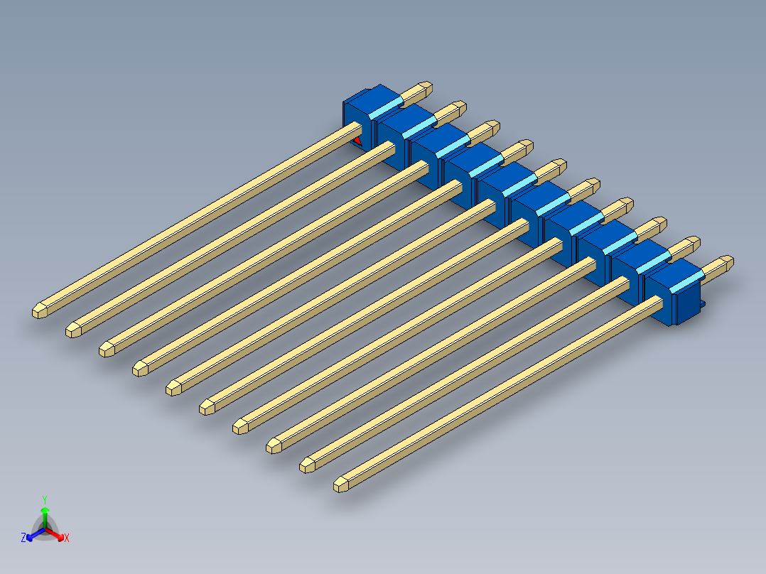 彩色公头100mil（2.54mm）系列-DS1021_blue_1x10p_100mil_Type43_rev1.0正等轴测图