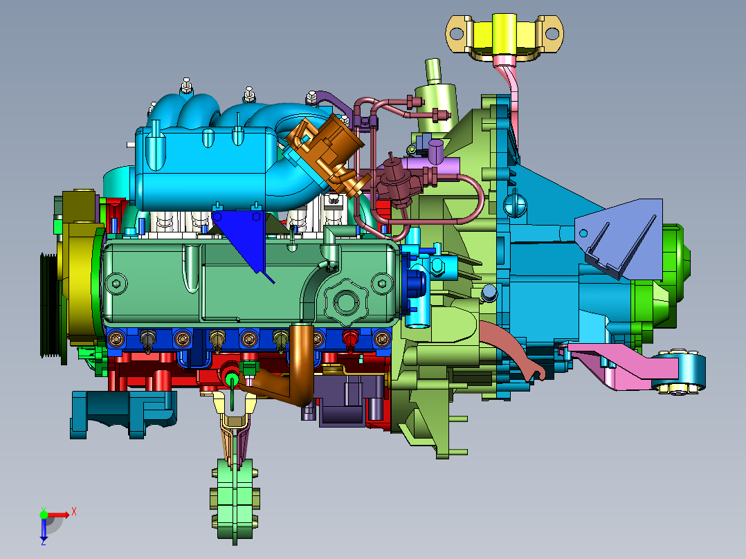 船用四缸柴油机配变速箱俯视图