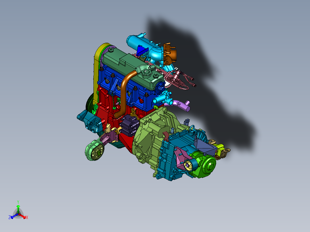 船用四缸柴油机配变速箱正等轴测图