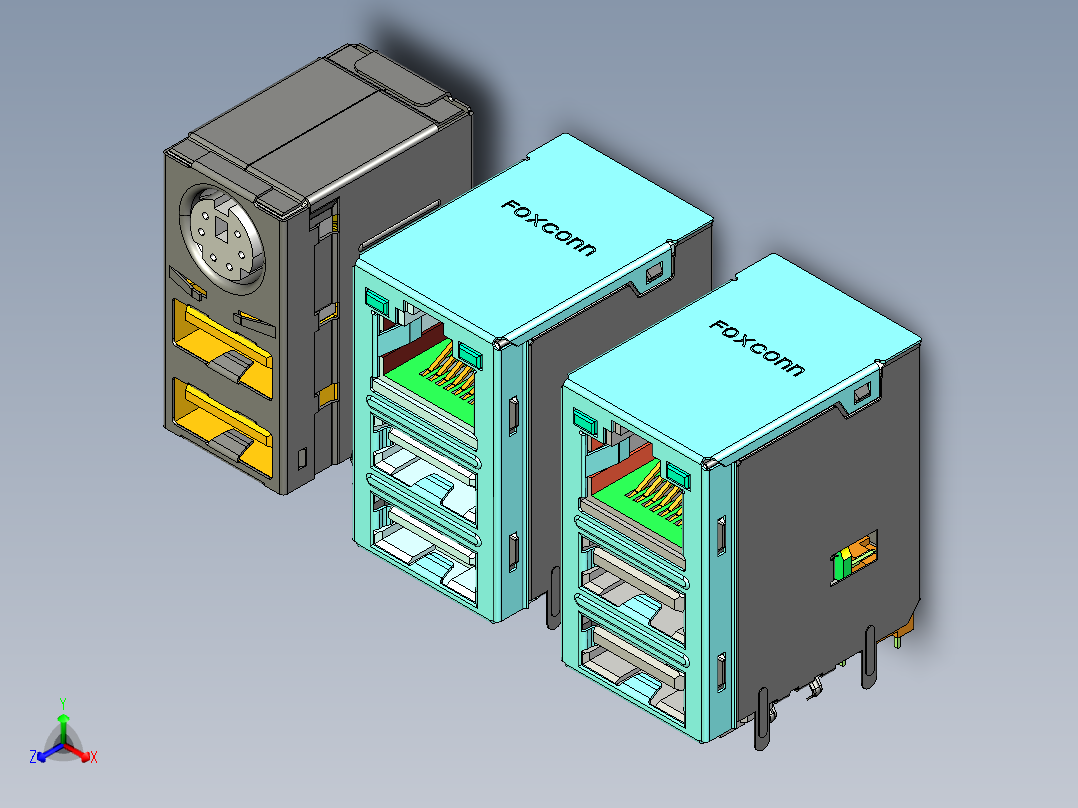 带PS2-局域网的双USB2.0-USB3.0正等轴测图