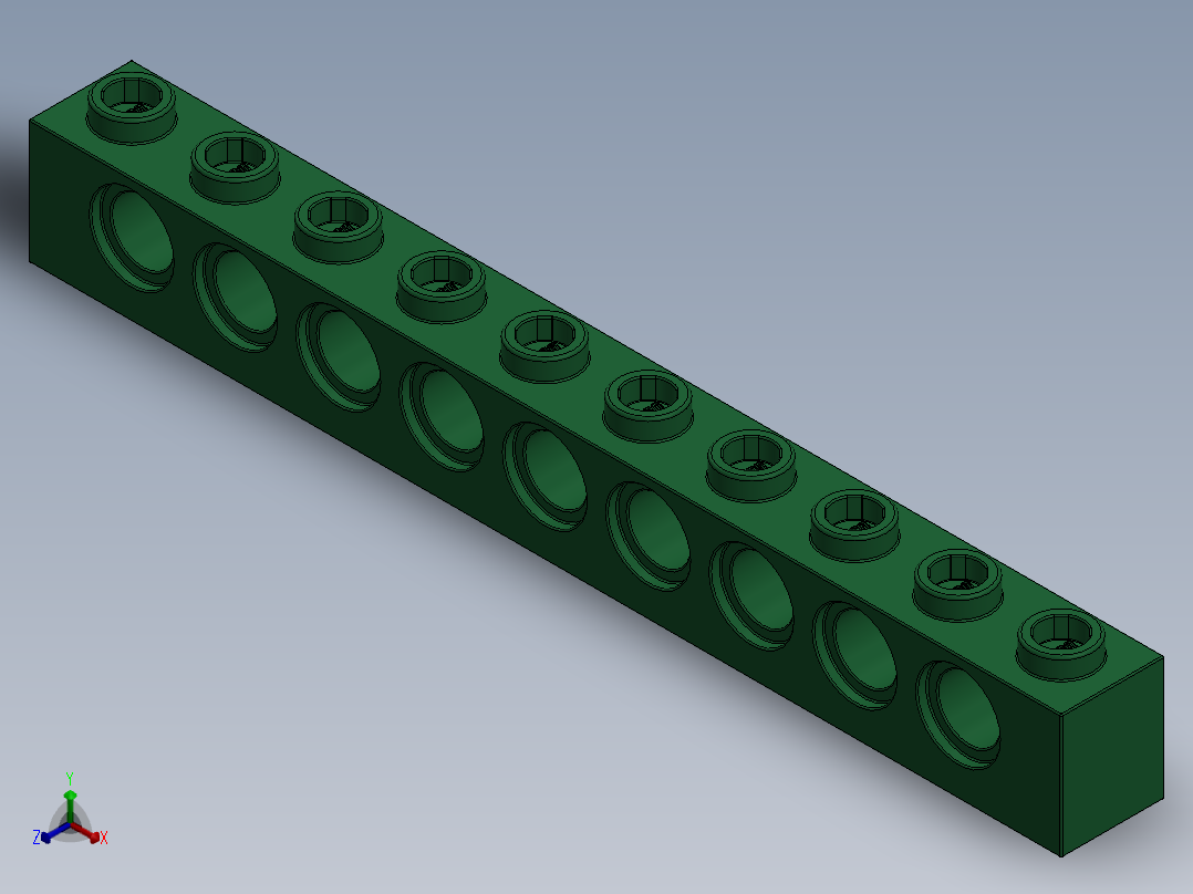 乐高机械组积木（横梁）-4203291 - 2730 Dark Green Technic Brick 1 x 10 with Holes正等轴测图