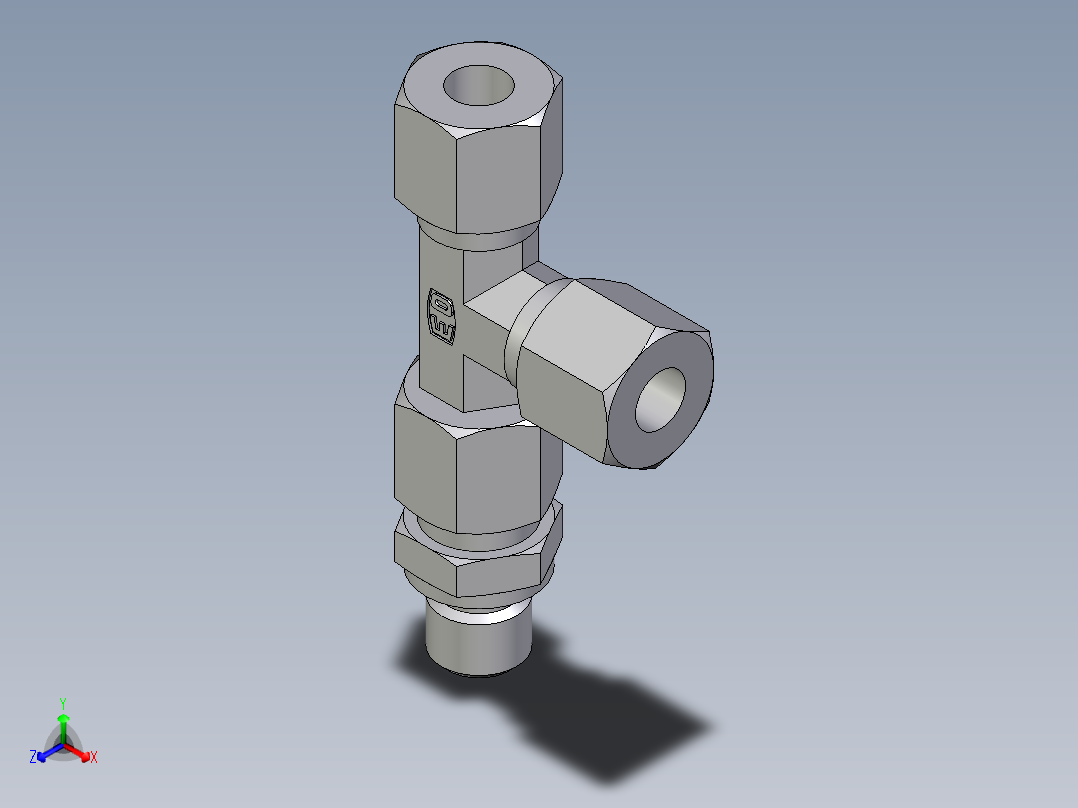 卡套式工业通用硬管接头EO_Assembled_adjustable_standpipe_run_tee_EVL08LM71正等轴测图