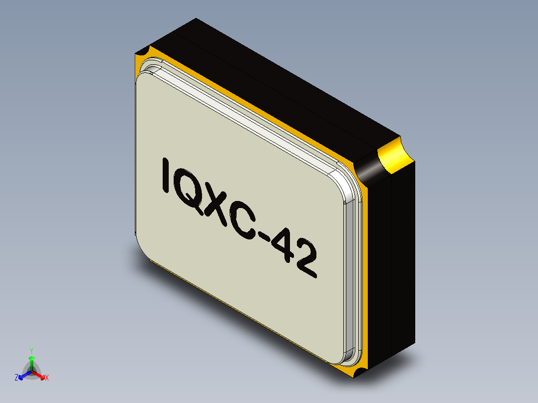 石英晶体SMD封装IQXC-42，尺寸长2mm x宽1,6mm x高0,5mm。用于印刷电路板